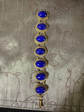 Elegant Gold Tone with Lapis Lazuli Cameo Oval Stones Bracelet